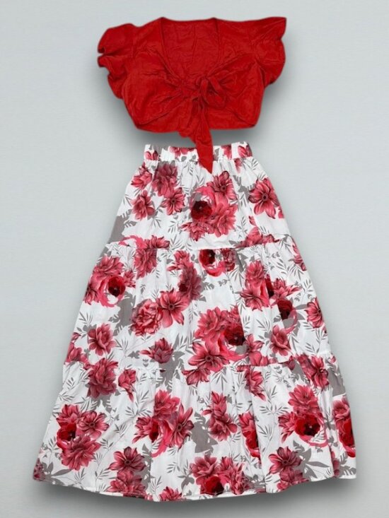 SHEIN Dresses & Skirts - Red Tie Front Crop Top Floral Tiered Maxi Skirt 2 Piece Set Size Small